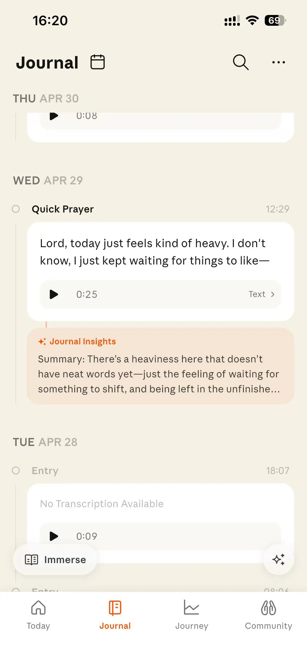 Bless Ring app Journal tab showing a transcribed entry and journal insights