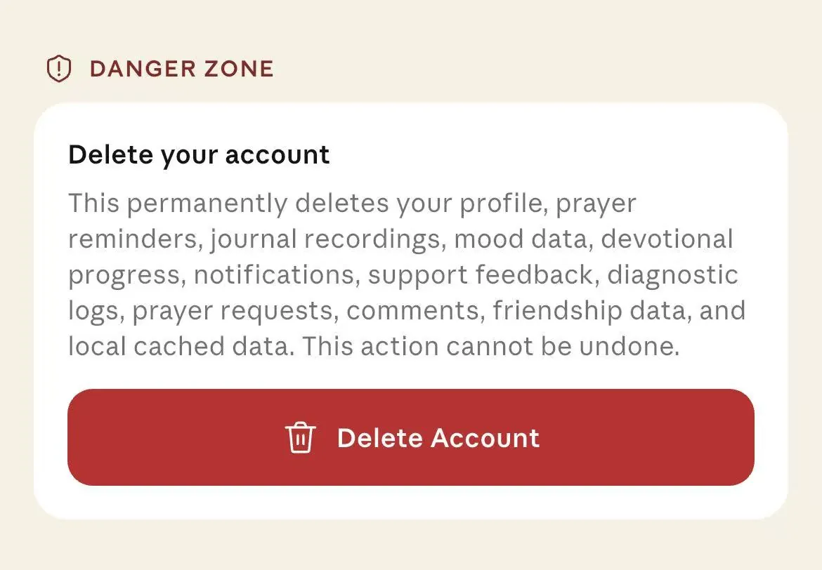 Bless Ring app danger zone delete account screen