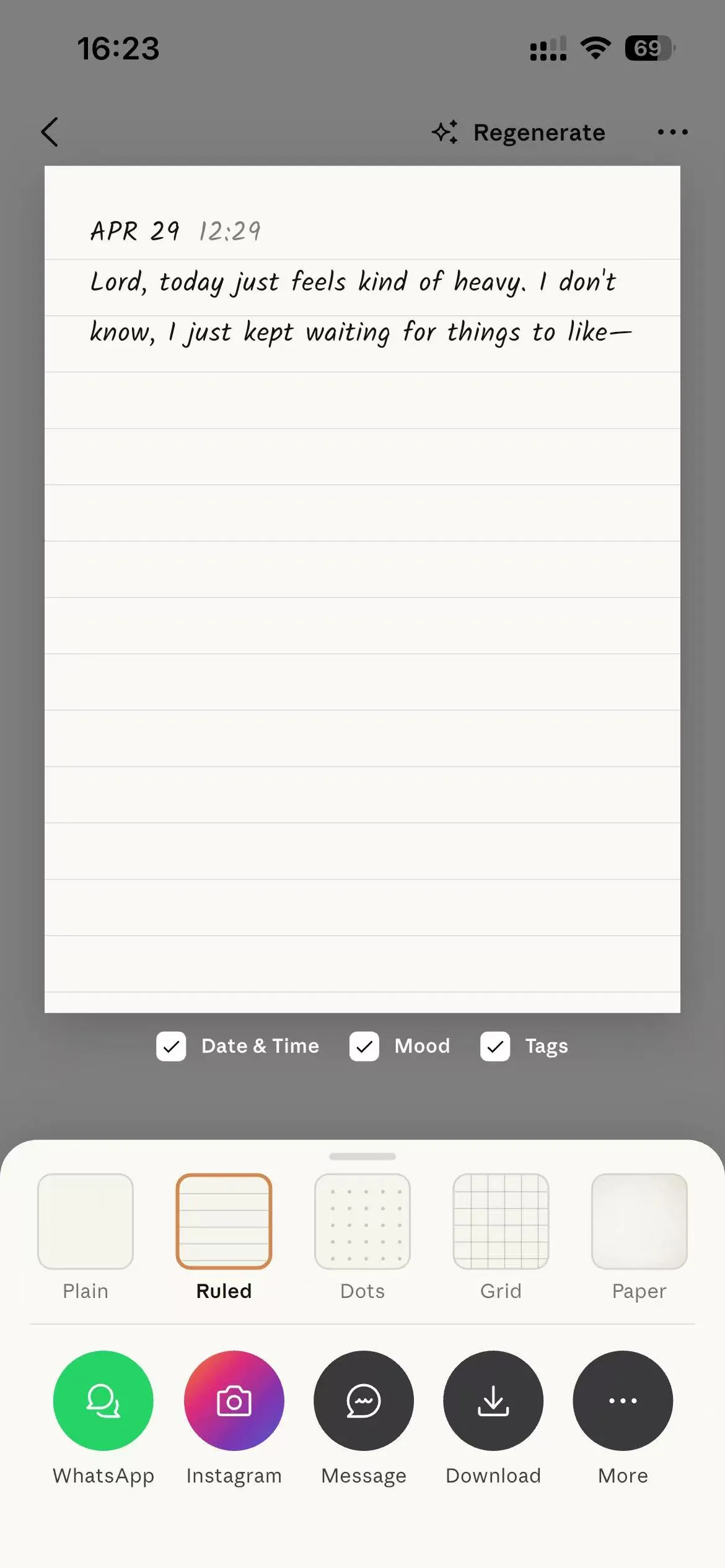 Bless Ring app export and share options for a journal entry