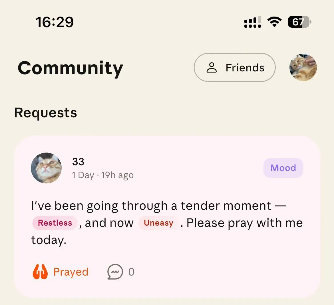 Bless Ring app community mood request card