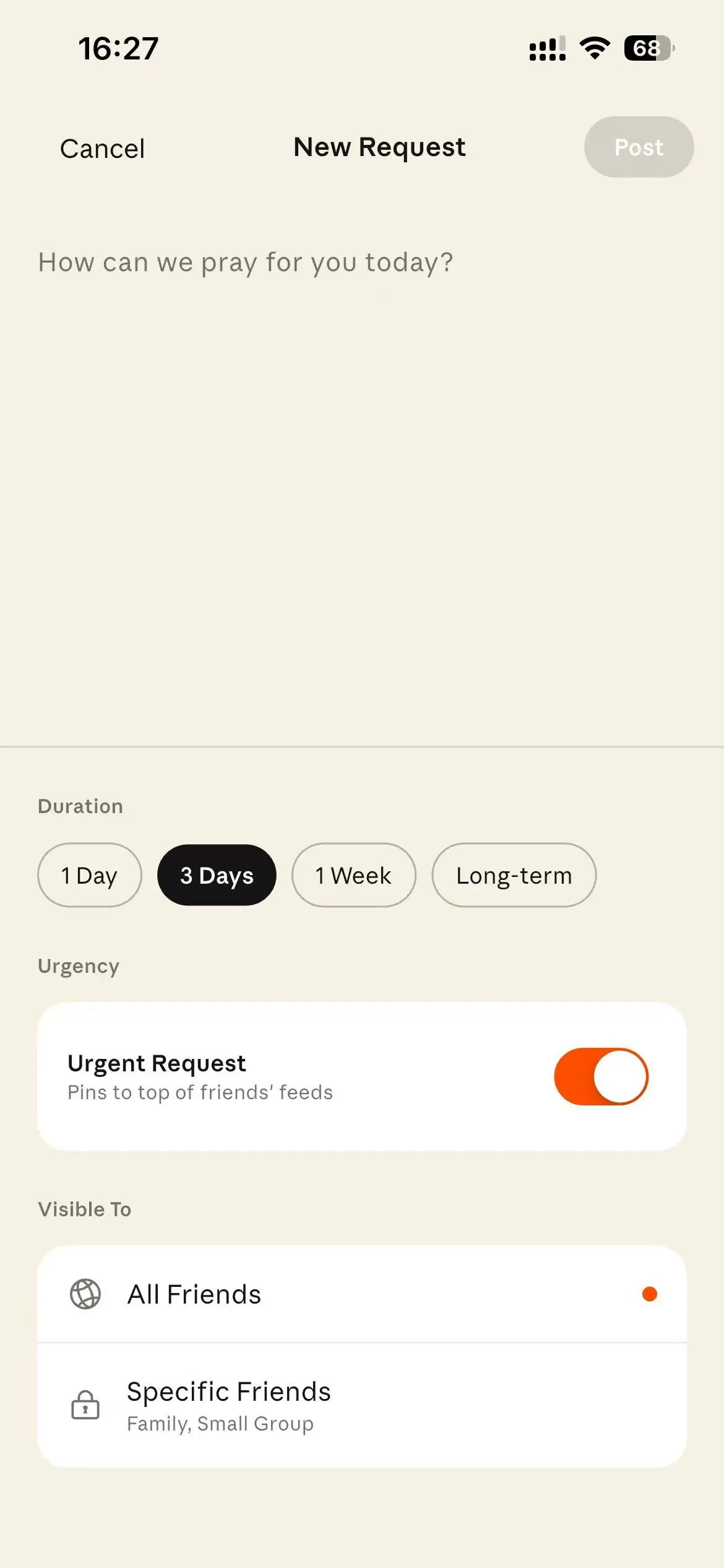 Bless Ring app New Request screen with urgent request enabled